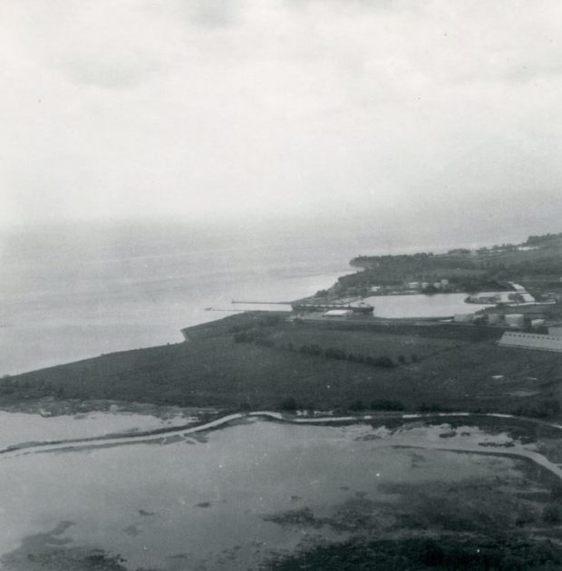 Black and white aerial photograph of the second marsh and harbour.