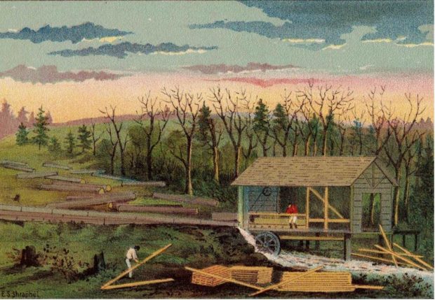 Colour painting of a lumber mill. There are logs on the left side and a small mill on the right side with a small waterwheel that leads into a stream.