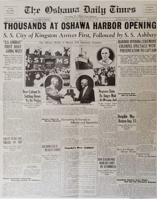 Front page of the Oshawa Times, August 8, 1930, edition announcing the opening of the harbour.