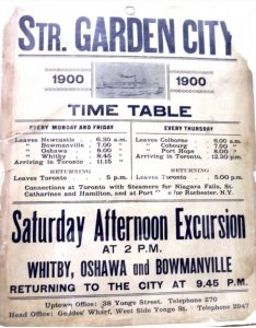 Black and white newspaper with text timetable for the 'Stm. Garden City'