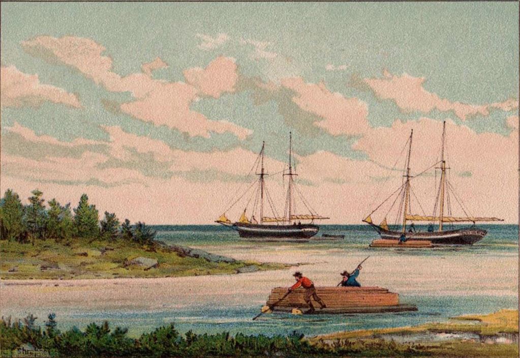 Colour painting of two schooners on water. There is part of an island to the left, and two men on a raft with long planks of wood in the foreground.