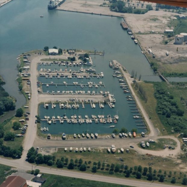 Colour aeriel photograph of the marina lands at the Oshawa Harbour.