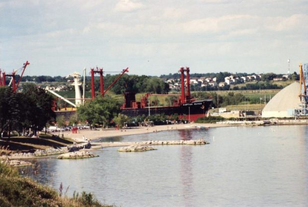 Colour photograph of beach with a few trees and a large ship docked at the Oshawa Harbour behind.