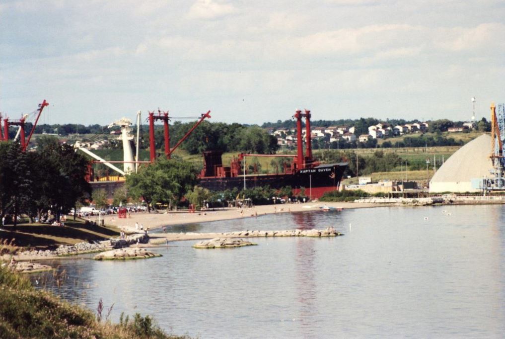 Colour photograph of beach with a few trees and a large ship docked at the Oshawa Harbour behind.