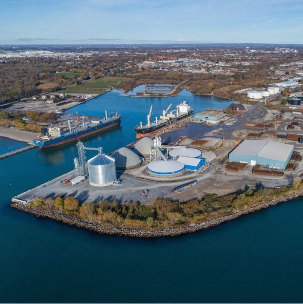 Colour aerial photograph of Oshawa Harbour. Two large ships are docked at the channel in the middle of the image, and there are various industrial buildings in the background and a beach and trees on the other side of the harbour.