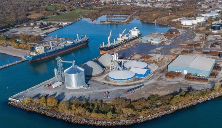 Colour aerial photograph of Oshawa Harbour. Two large ships are docked at the channel in the middle of the image, and there are various industrial buildings in the background and a beach and trees on the other side of the harbour.