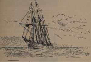 Ink drawing of a schooner on the water with waves.