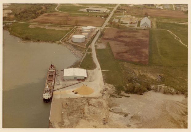 Colour photograph of a large ship docked at harbour unloading raw sugar.