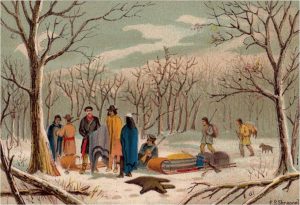 Colour painting with eight people snow is covering the ground and the trees. Some of the people are carrying rifles, others are carrying blankets, furs. There are two toboggans carrying unidentifiable objects.