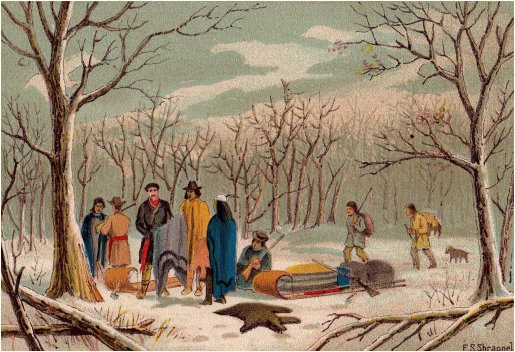Colour painting with eight people snow is covering the ground and the trees. Some of the people are carrying rifles, others are carrying blankets, furs. There are two toboggans carrying unidentifiable objects.