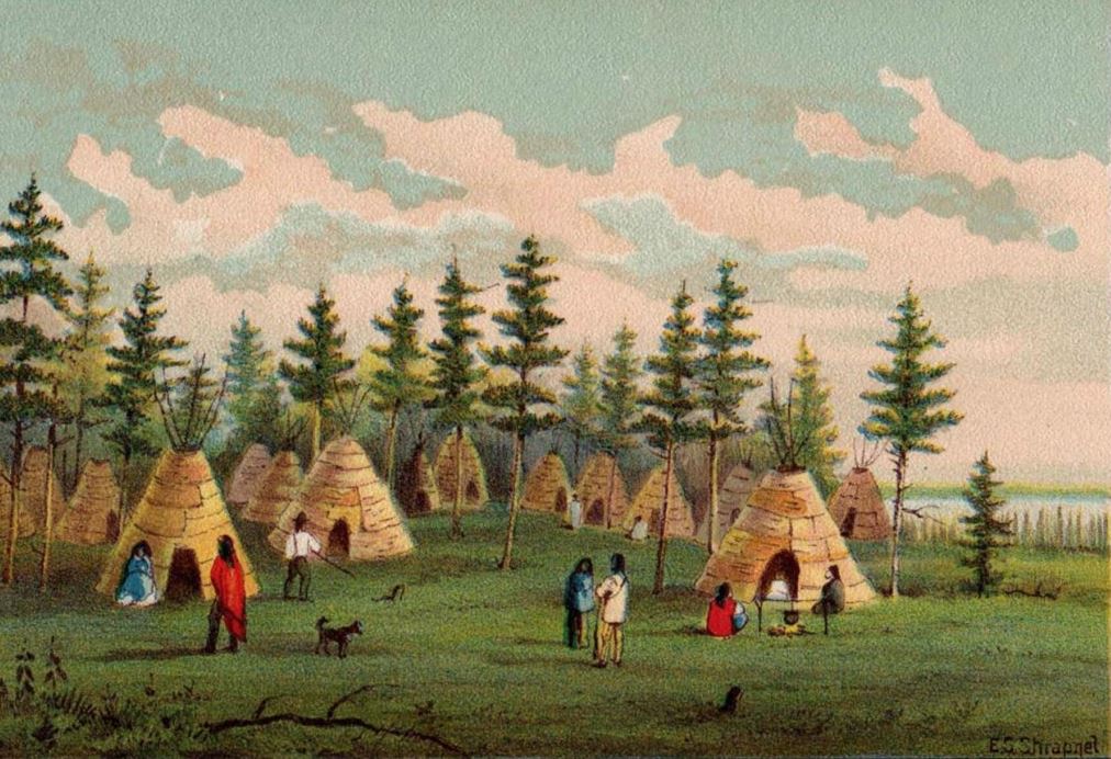 Colour painting with nine individuals, a dog and numerous birch bark wigwams located beside a body of water.