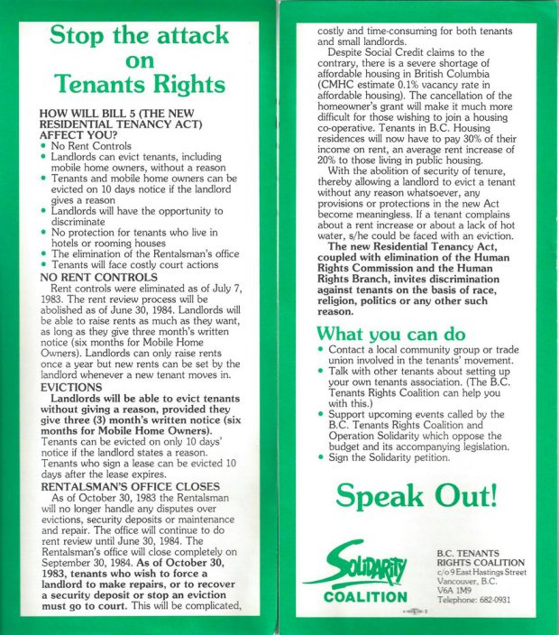 A green and white leaflet is titled “Stop the attack on Tenants Rights”. Sub-headings are “How will Bill 5 affect you?”, “What you can do” and “Speak Out”. The Solidarity Coalition logo is at the bottom.
