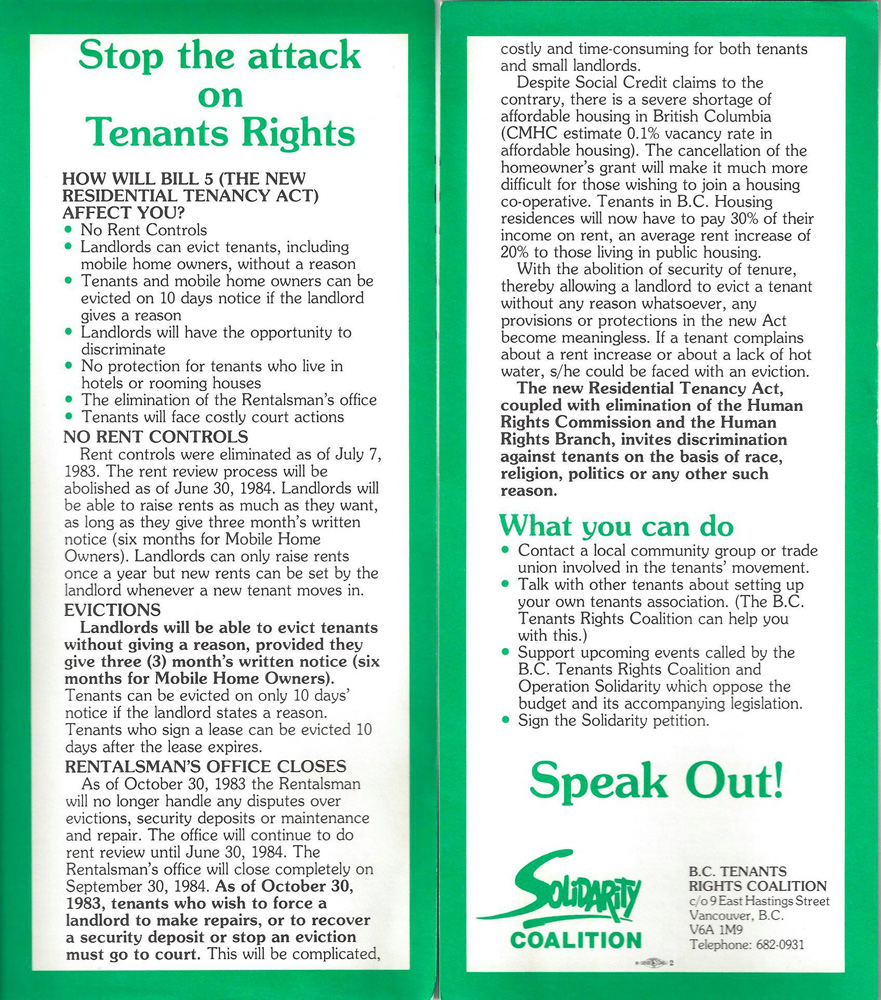 A green and white leaflet is titled “Stop the attack on Tenants Rights”. Sub-headings are “How will Bill 5 affect you?”, “What you can do” and “Speak Out”. The Solidarity Coalition logo is at the bottom.