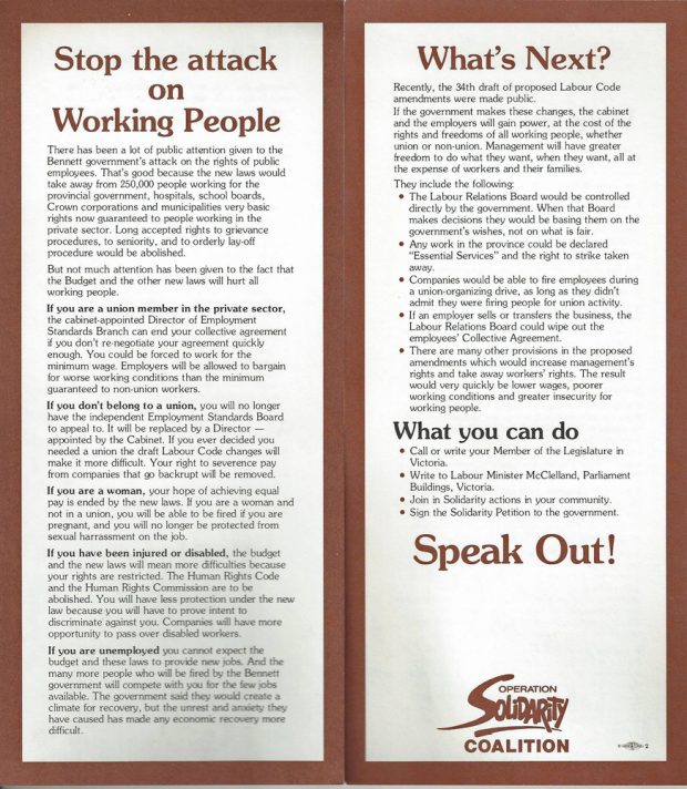 A brown and white leaflet is titled “Stop the attack on Working People”. Sub headings are “What’s Next?”, “What you can do” and “Speak Out!” The logo is Operation Solidarity Coalition.
