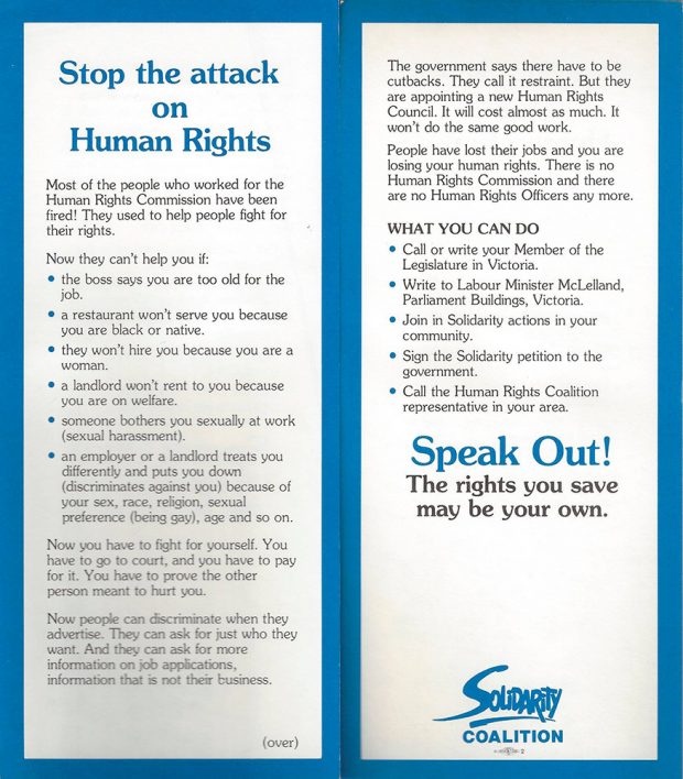 A blue and white leaflet titled “Stop the attack on Human Rights”. Sub-headings read “what you can do” and “Speak Out! The rights you save may be your own.”