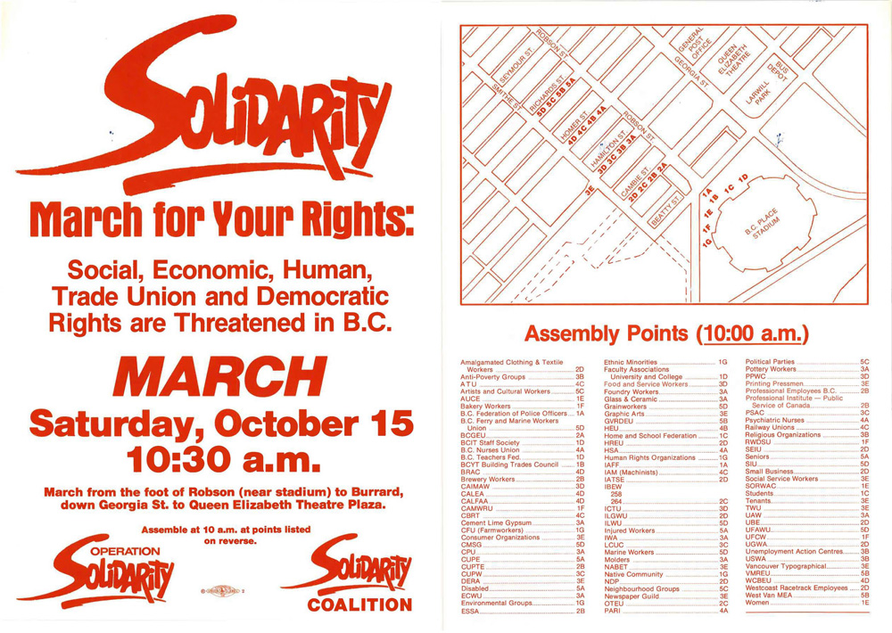A leaflet titled “Solidarity March for your Rights”with the logos of Operation Solidarity and Solidarity Coalition. A map of downtown Vancouver listed assembly points for almost 100 different organizations.