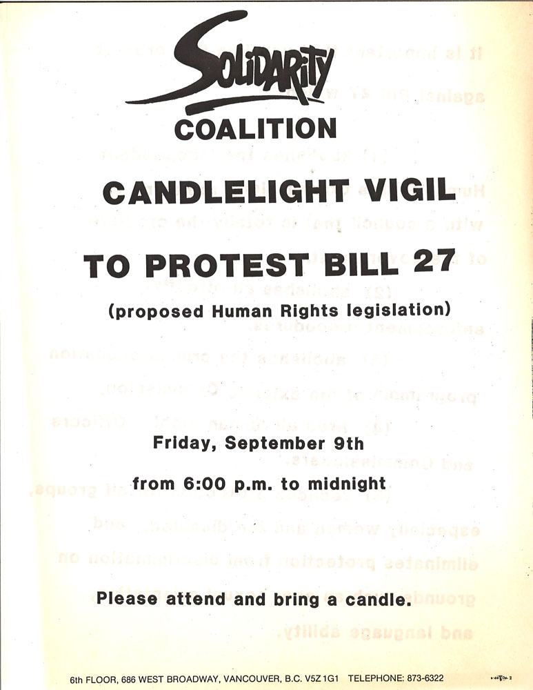 A poster promoting a candlelight vigil to protest Bill 27 has the Solidarity Coalition logo centered at the top.