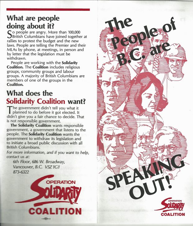 A red and white leaflet with illustrations of people on the front is titled “The People of B.C. are SPEAKING OUT! Sub-headings are “What are people doing about it?” and “What does the Solidarity Coalition want?” The Operation Solidarity Coalition logo appears on the leaflet.