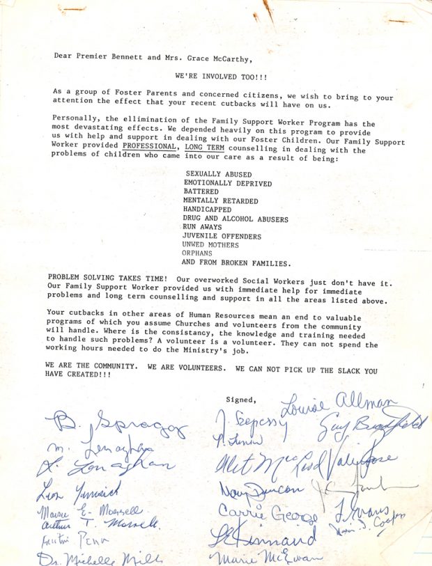 A typewritten letter titled Dear Premier Bennett and Mrs. Grace McCarthy, We’re Involved Too! containing signatures of 20 individuals.