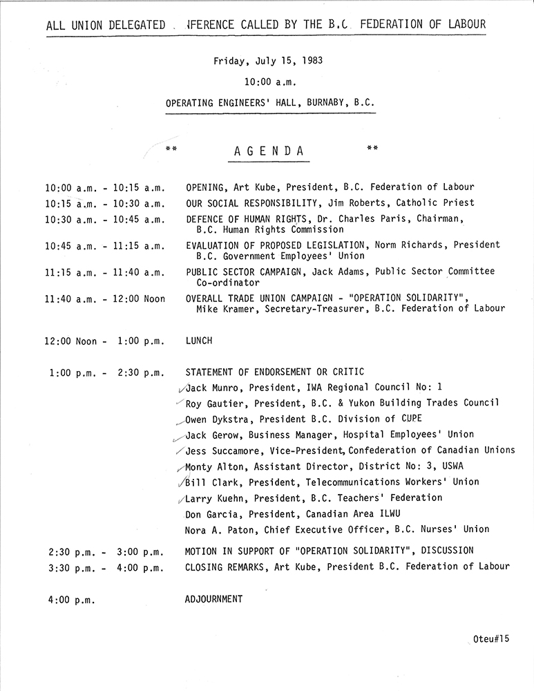 A typewritten agenda for the July 15, 1983 meeting lists names and organizations speaking at the meeting