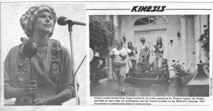 Deux photos prises dans le journal montrent une femme en costume qui parle au microphone et tient une louche de soupe, ainsi que des femmes qui applaudissent après avoir déposé des couronnes funéraires sur la porte de la maison de la ministre Grace McCarthy. 