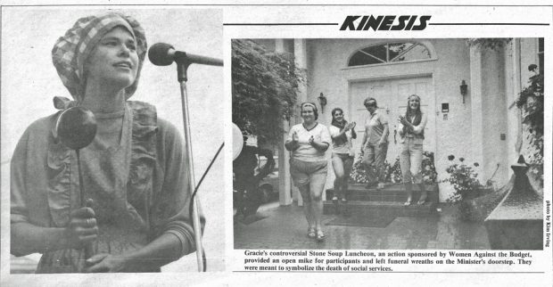Two photos from the newspaper show a costumed woman speaking at a microphone and holding a soup ladle, plus women applauding after laying funeral wreaths on Minister Grace McCarthy’s doorstep.