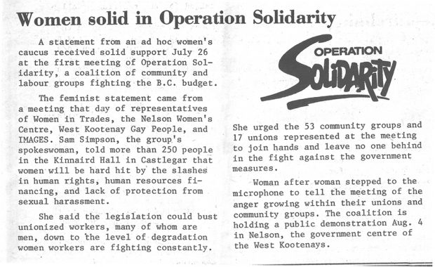A printed article is titled “Women solid in Operation Solidarity” begins: “A statement from an ad hoc women’s caucus received solid support July 26 at the first meeting of Operation Solidarity, a coalition of community and labour groups fighting the BC budget.”