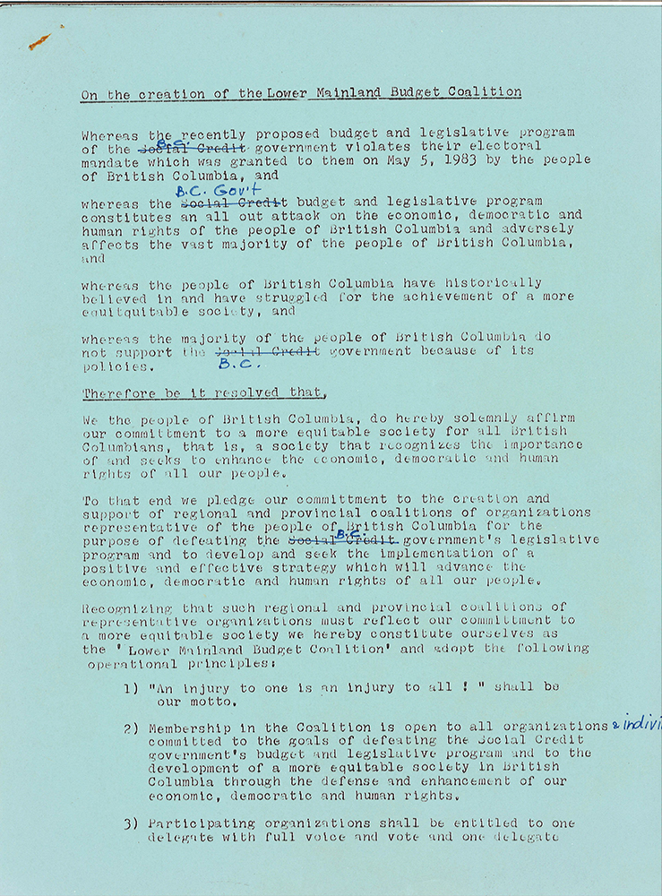 A typewritten page titled “On the creation of the Lower Mainland Budget Coalition” with annotations.