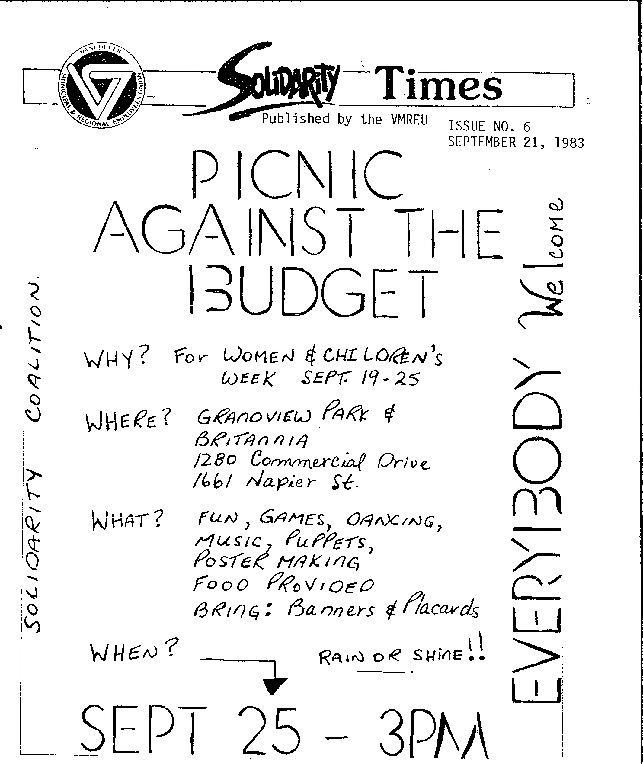 A hand lettered single sheet with the logos of Solidarity Times and Vancouver Municipal and Regional Employees Union titled “Picnic Against the Budget” September 25 -3 PM. Grandview Park and Britannia. Everybody welcome.