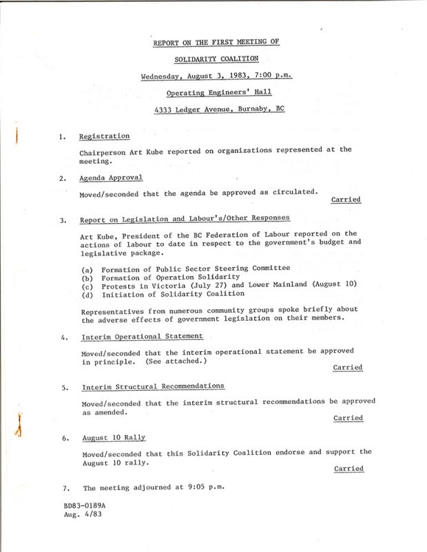 A typewritten sheet is shown titled Report of the first meeting of Solidarity Coalition, Wednesday August 3, 1983, Operating Engineers’ Hall, 4333 Ledger Avenue, Burnaby, BC.