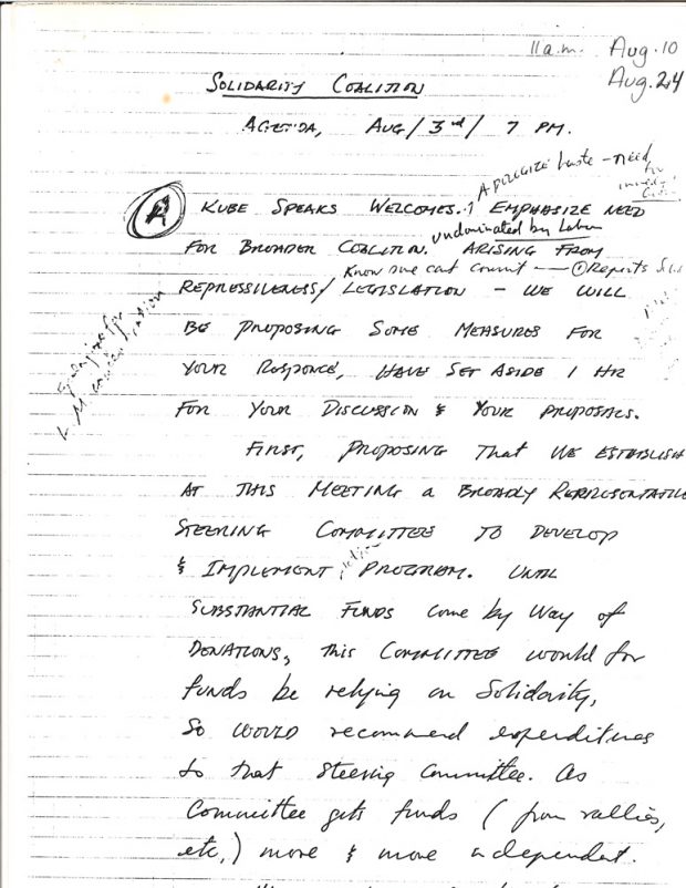 A hand-written single sheet is titled Solidarity Coalition Agenda Aug 3rd7 pm. It begins “Kube speaks welcomes. Emphasize need for broader coalition undominated by labour arising from repressiveness/legislation.”