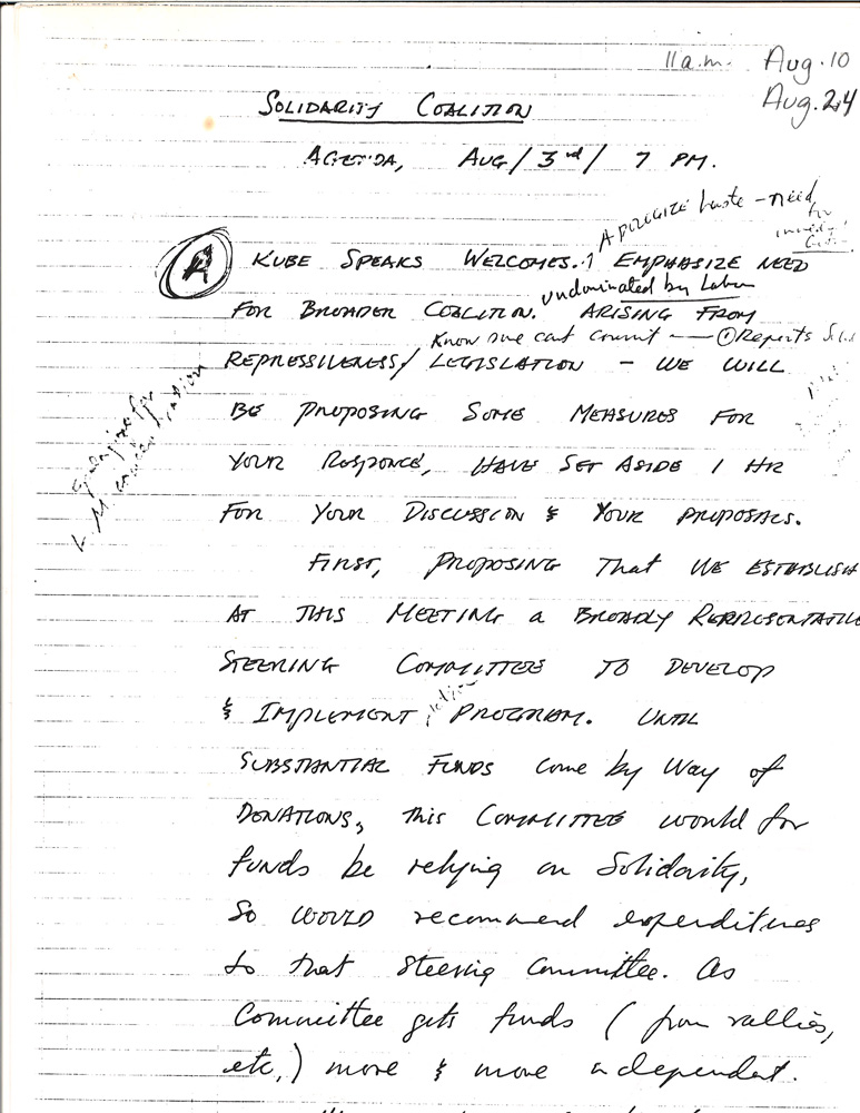 A hand-written single sheet is titled Solidarity Coalition Agenda Aug 3rd7 pm. It begins “Kube speaks welcomes. Emphasize need for broader coalition undominated by labour arising from repressiveness/legislation.”