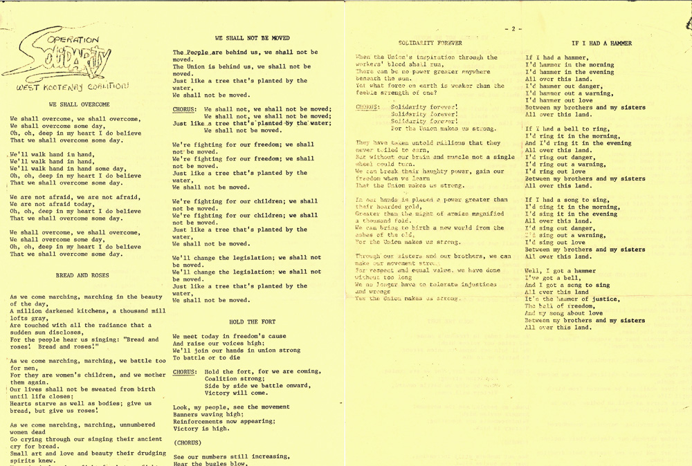 A typewritten sheet includes a logo of Operation Solidarity West Kootenay Coalition and lyrics to songs “We Shall Overcome”, “Bread and Roses”, “We ShallNot Be Moved”, “Hold the Fort”, “Solidarity Forever” and “If I Had a Hammer”