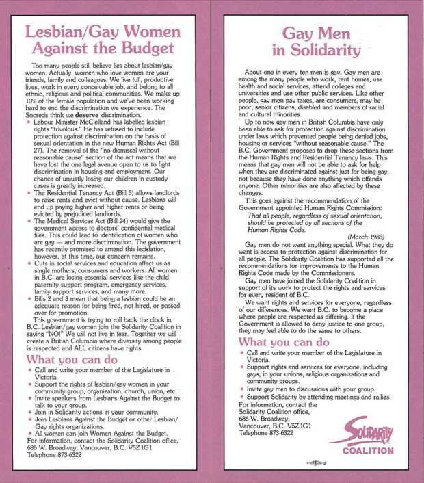 A purple and white leaflet reads: “Lesbian/Gay Women Against the Budget”, “Gay Men in Solidarity” and features the logo of the Solidarity Coalition.