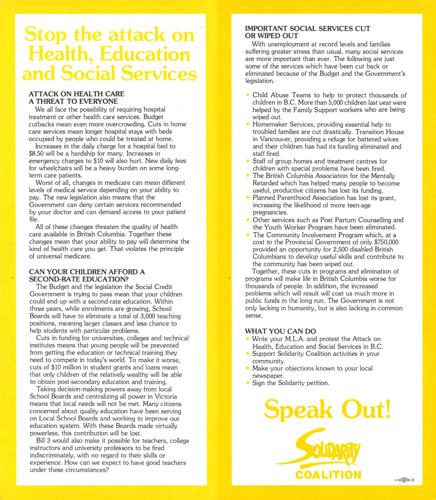 A yellow and white leaflet from the Solidarity Coalition reads, “Stop the Attack on Health, Education and Social Services –Speak Out!”
