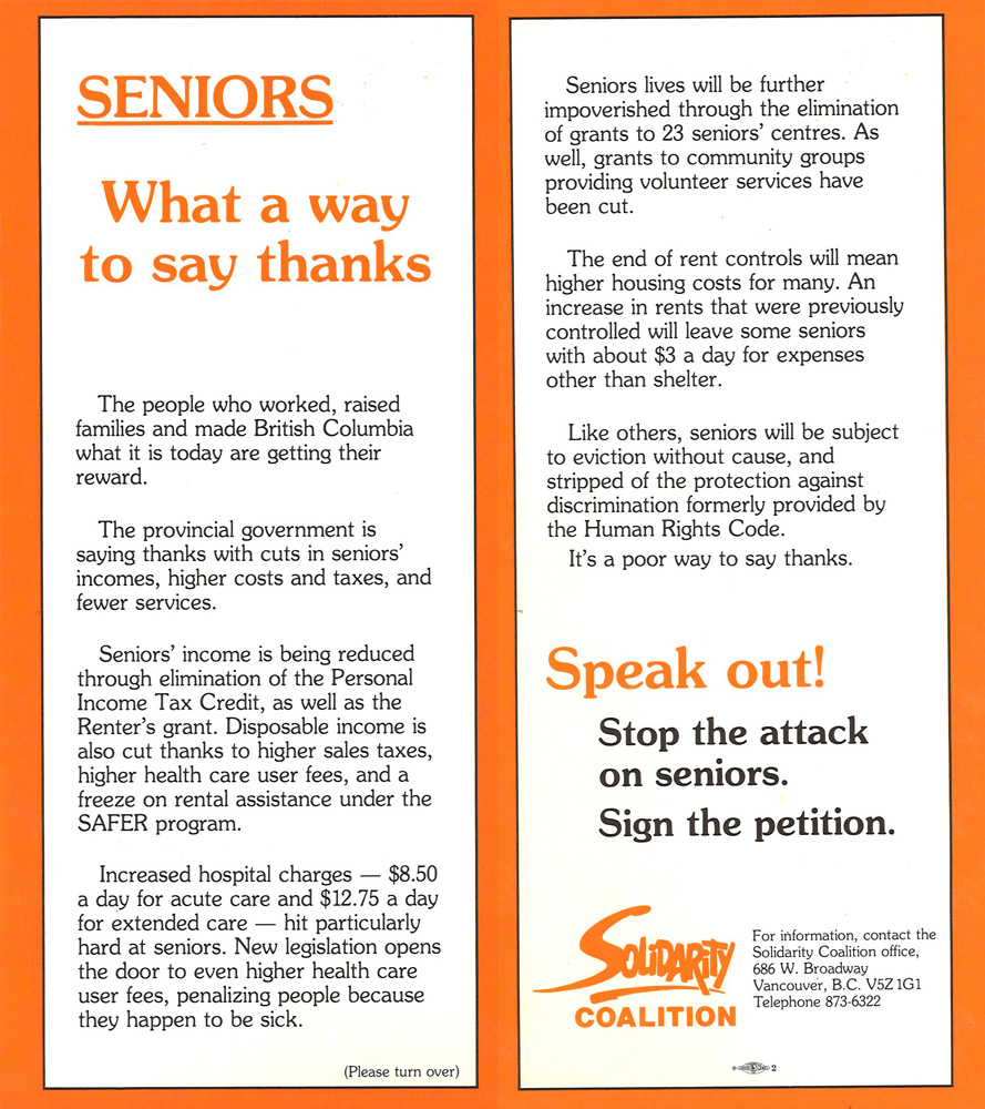An orange and white leaflet reads “Seniors What a Way to Say Thanks” “Speak Out! Stop the attack on seniors.” “Sign the petition.” and includes the Solidarity Coalition logo.