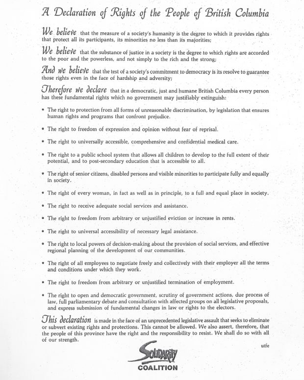 A single page is titled “A Declaration of the Rights of the People of British Columbia” and includes the Solidarity Coalition logo.