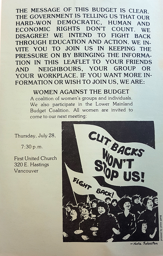 A single page flyer by Women Against the Budget advertises a meeting for July 28, 1983 at the First United Church. An illustration shows women and children linking arms, carrying flags that read Cutbacks Won’t Stop Us! and Fight Back!