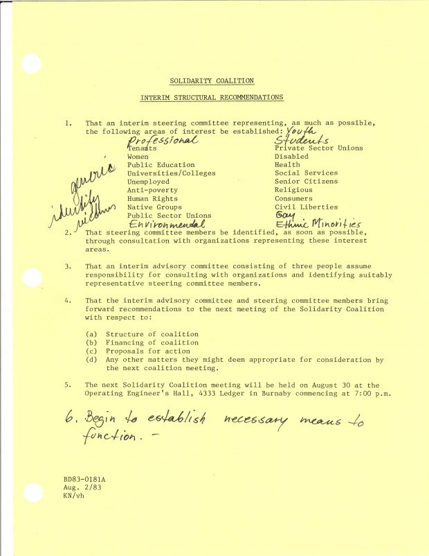 A typewritten sheet with handwritten notations is dated August 2/83 and titled “Solidarity Coalition Interim Structural Recommendations”.