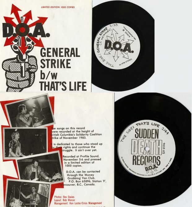 The front and back of a disc. The front is titled General Strike and the name of the group D.O.A, while the back is dedicated to those who stood up for their rights.