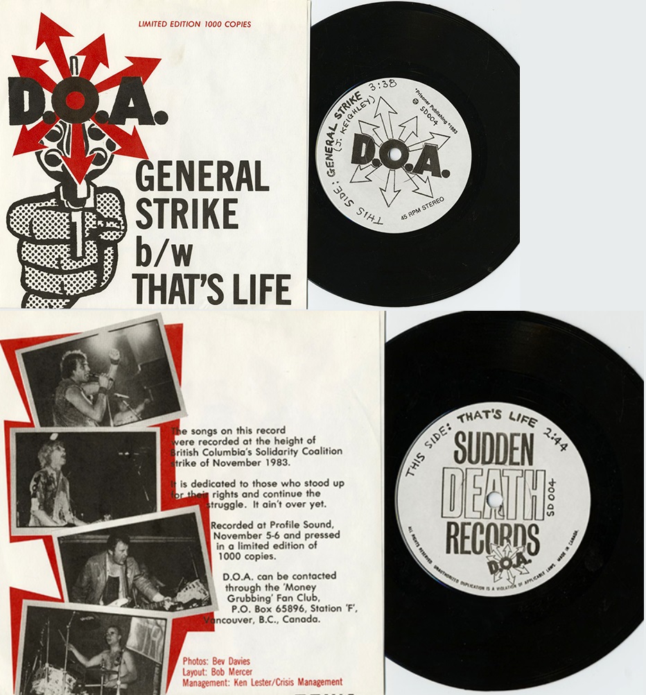 The front and back of a disc. The front is titled "General Strike" and the name of the group "D.O.A", while the back is dedicated to "those who stood up for their rights".