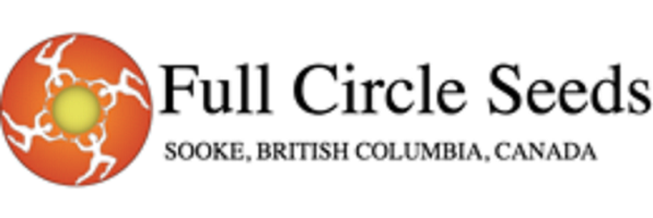 A logo consisting of a circle containing four white silhouettes of people arranged radially (head towards the center of the circle) and carrying together, in the middle, a shining sun. To the right of the drawing are the words "Full Circle Seeds”.