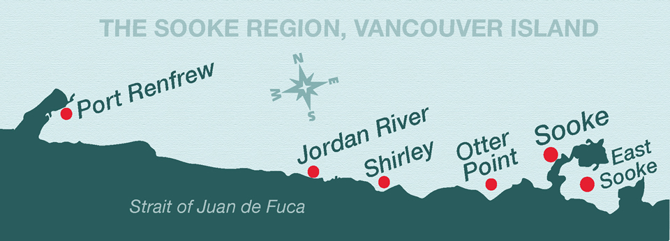 Image representing a map of the Southwest coast of Vancouver Island, where we see the Sooke Region from Port Renfrew to East Sooke; various communities are marked with red dots along the coast.