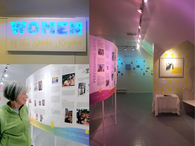 A collage of three images: in the upper left corner is an image of a lightboard at the entrance to a gallery display, which displays the word “WOMEN” in blue lights. Yellow vinyl spells out: “of the Sooke Region” below the lights. In the lower left corner is an image of a woman looking at a display with text and photos. On the right half of the collage, there is a photo of an exhibition room with, on the left, a display of text and photos; in the center, the back wall also covered with display elements and, on the right side, a table with a painting hanging above it. Colourful lights light up the displays from above.