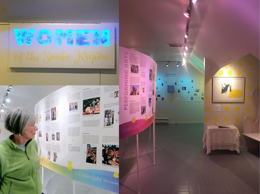 A collage of three images: in the upper left corner is an image of a lightboard at the entrance to a gallery display, which displays the word “WOMEN” in blue lights. Yellow vinyl spells out: “of the Sooke Region” below the lights. In the lower left corner is an image of a woman looking at a display with text and photos. On the right half of the collage, there is a photo of an exhibition room with, on the left, a display of text and photos; in the center, the back wall also covered with display elements and, on the right side, a table with a painting hanging above it. Colourful lights light up the displays from above.