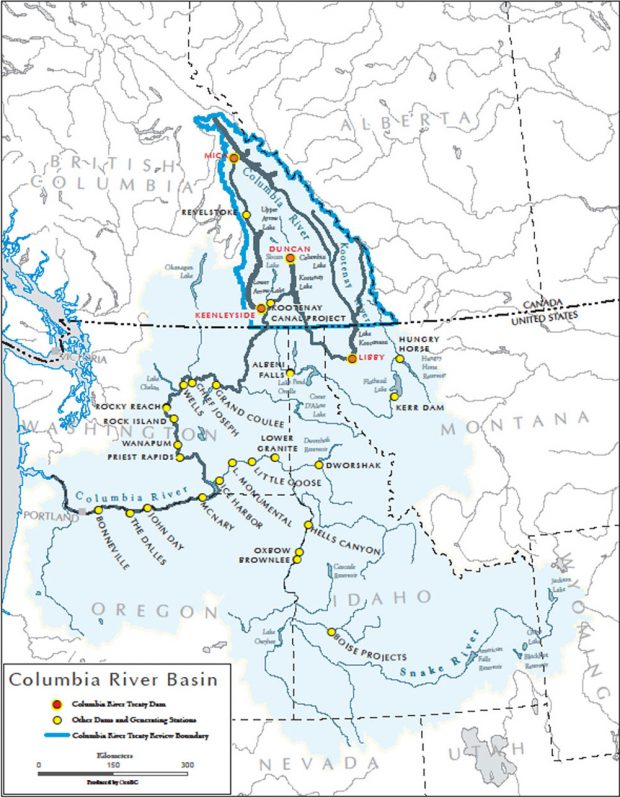 Map shows the Columbia River and its tributaries, with key showing sites of all treaty dams and other dams and generating stations.