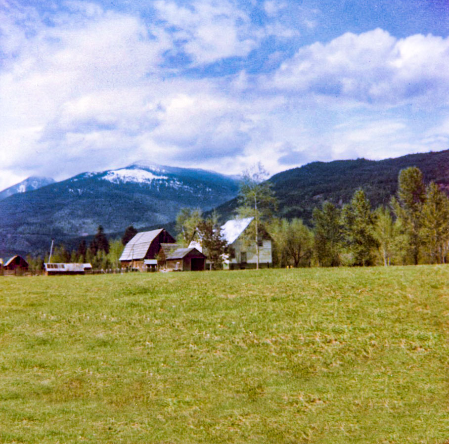 Colour photograph of farm buildings surrounded by trees on a green field. Mountains are in the background, with partly-cloudy skies.