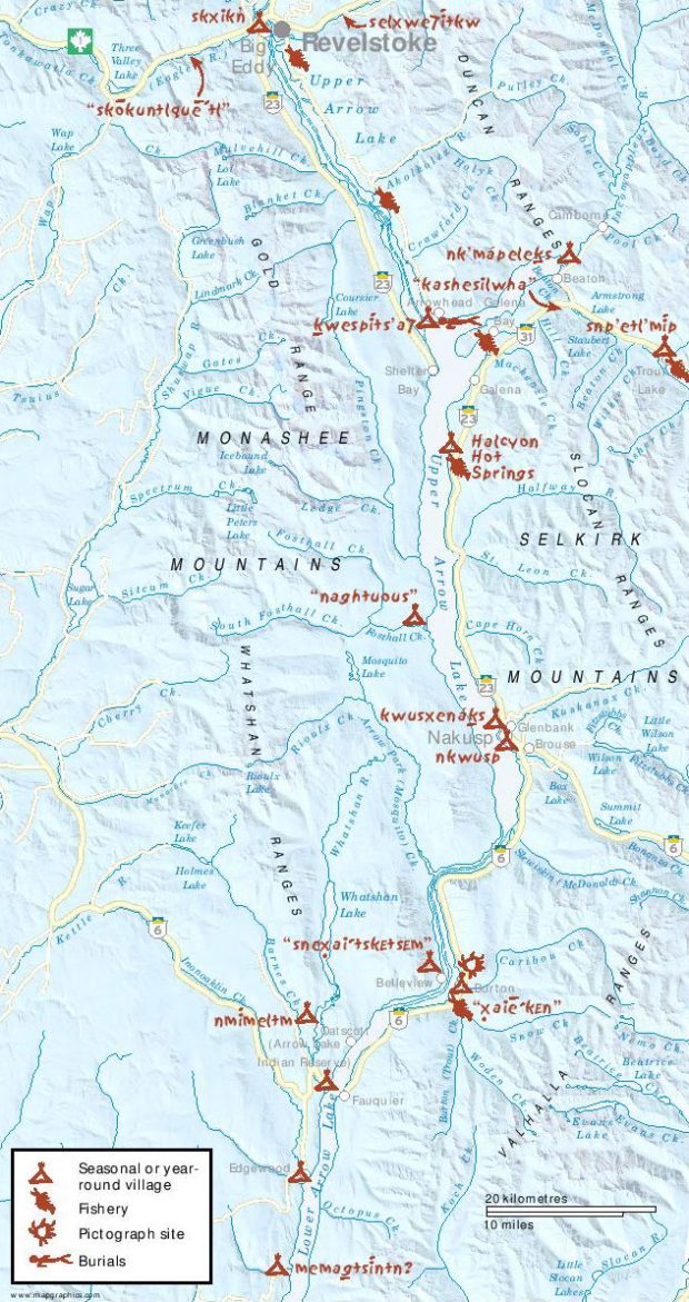 A light blue map showing the region south of Revelstoke to the Lower Arrow Lakes. The key labels the symbols throughout the map including Sinixt village sites, fisheries, pictograph sites, and burial sites.