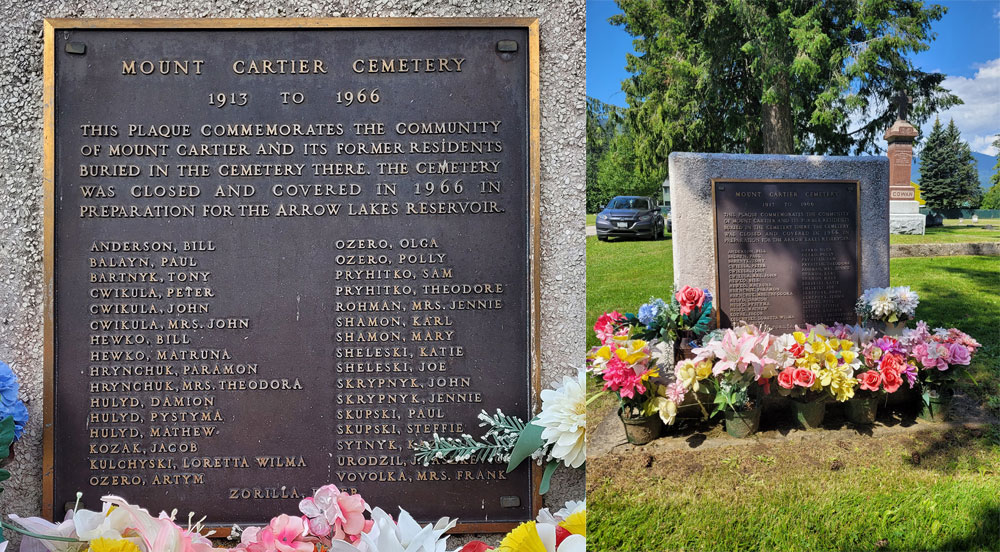 Two coloured photographs edited side by side of a cemetery plaque titled “Mount Cartier Cemetery 1913 to 1966” with a list of names. The photo on the left is a close-up of the names, and the photo on the right is zoomed out to show the scenery around the headstone. The plaque/headstone is surrounded by flowers at the base.