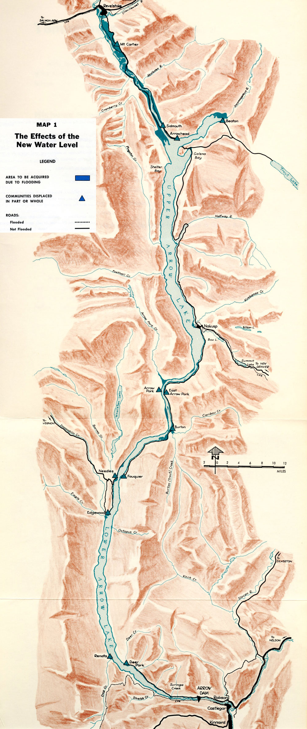 Peach-orange map of the proposed Arrow Lakes Reservoir. Legend shows symbols for 'areas to be acquired due to flooding', 'communities displaced in part or whole', and roads flood and not flooded.
